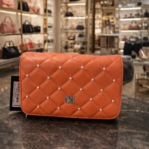 Badgley Mischka Quilted Pearl-Stud Orange Crossbody